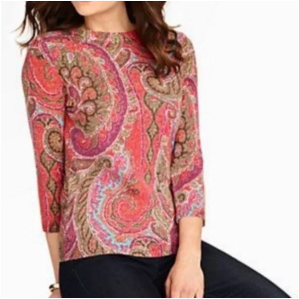 Talbots 100% Cashmere Paisley Print 3/4 Sleeve Sweater Audrey Red Multi